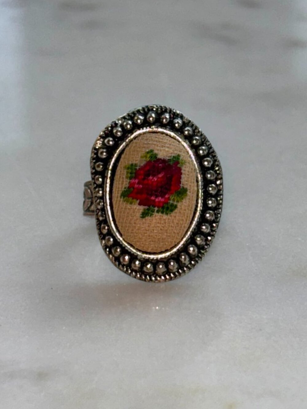 Vintage Petit Point Rose Ring • Adjustable Silver Tone Cottagecore Boho
